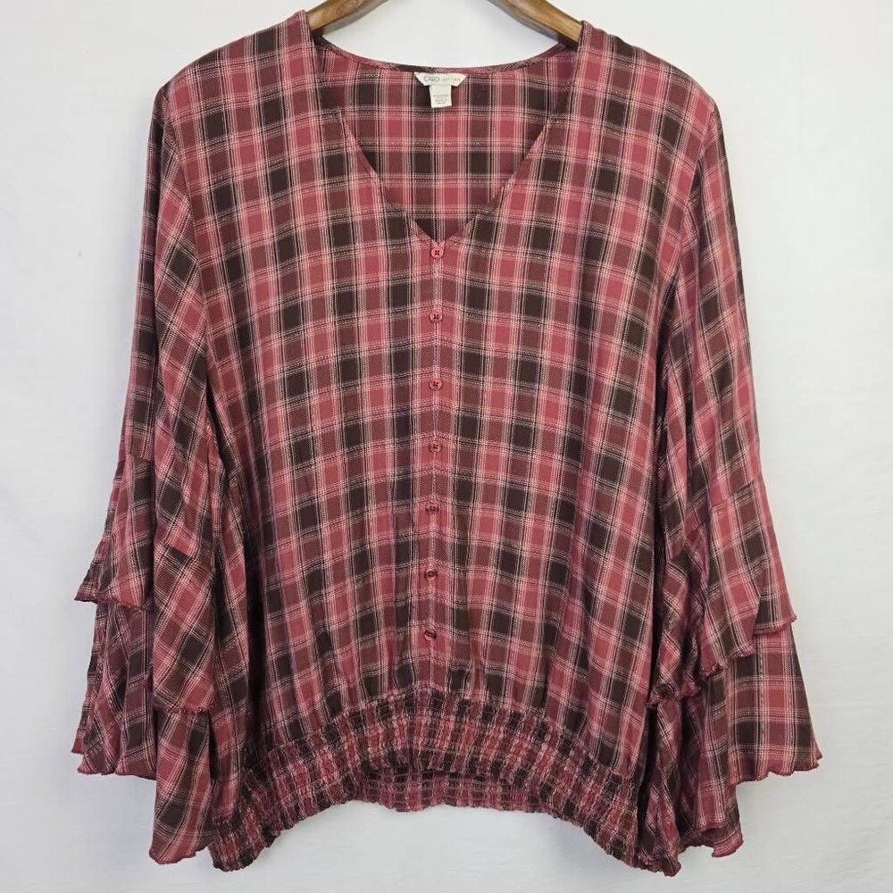 Cato Plaid Peasant Blouse 22/24W Ruffle Sleeve Pink - Picture 5 of 10